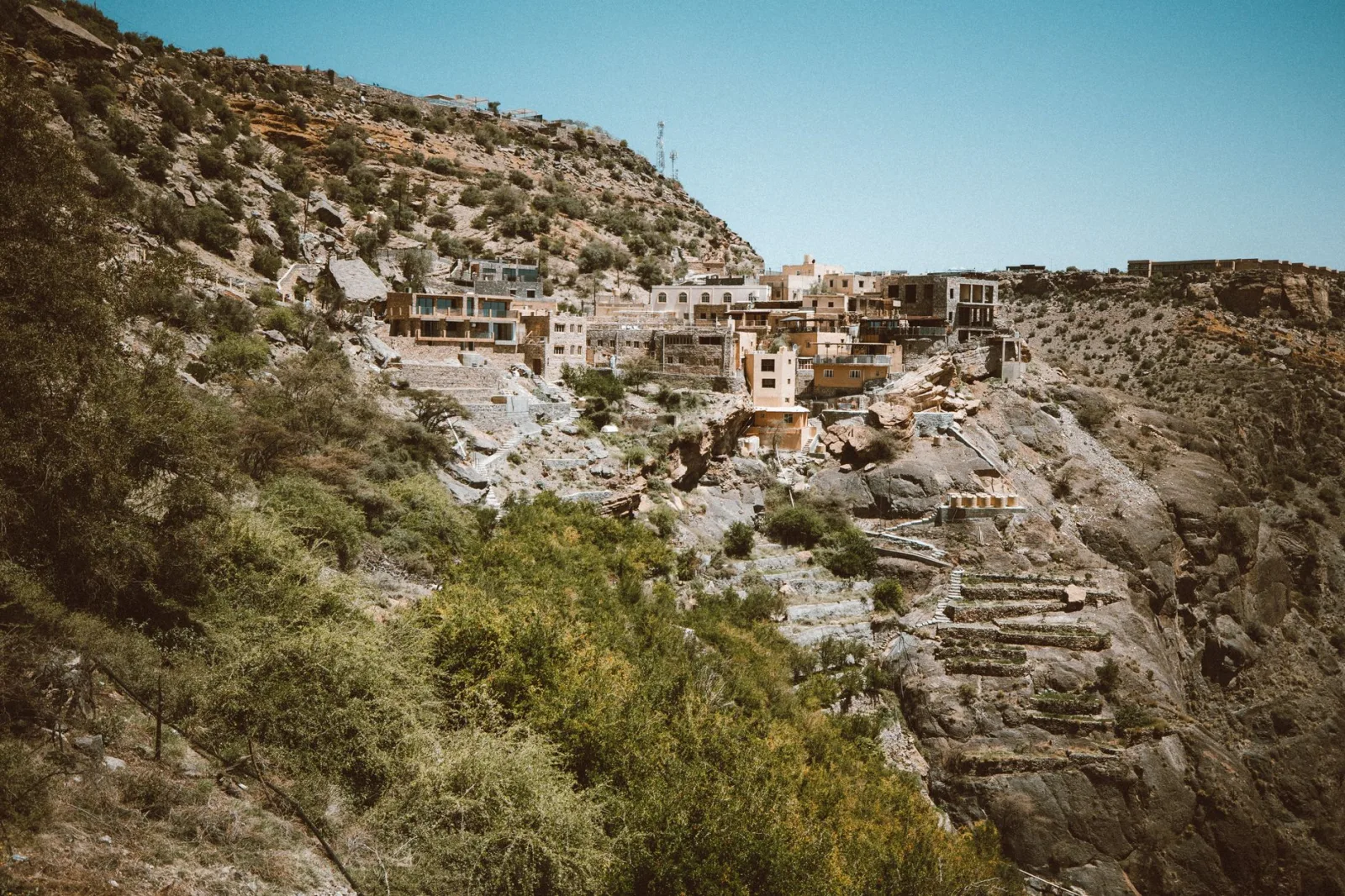 A scenic view of a traditional Omani village nestled in the mountains of Jebel Akhdar, Oman.