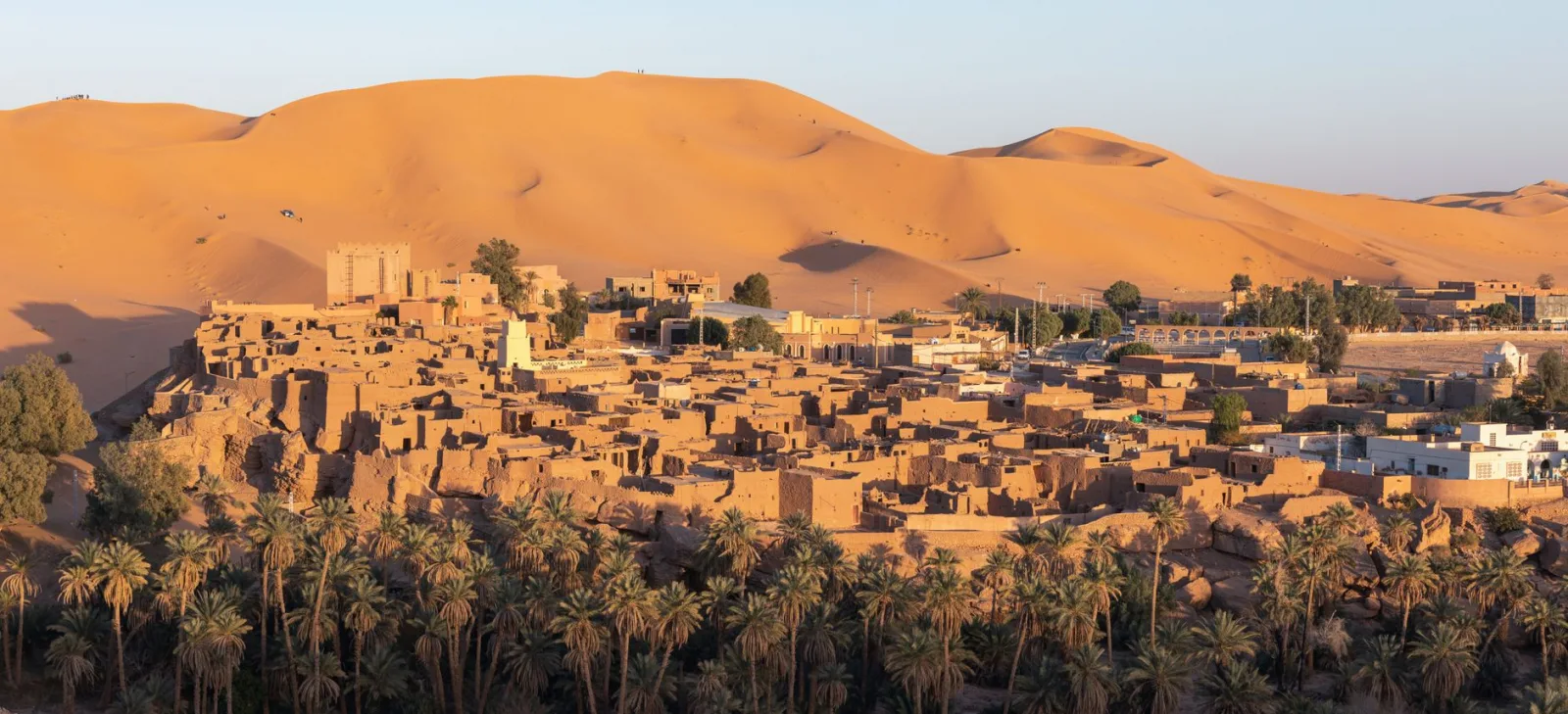 A scenic view of Béchar town in Algeria with desert dunes and palm trees under a clear sky.