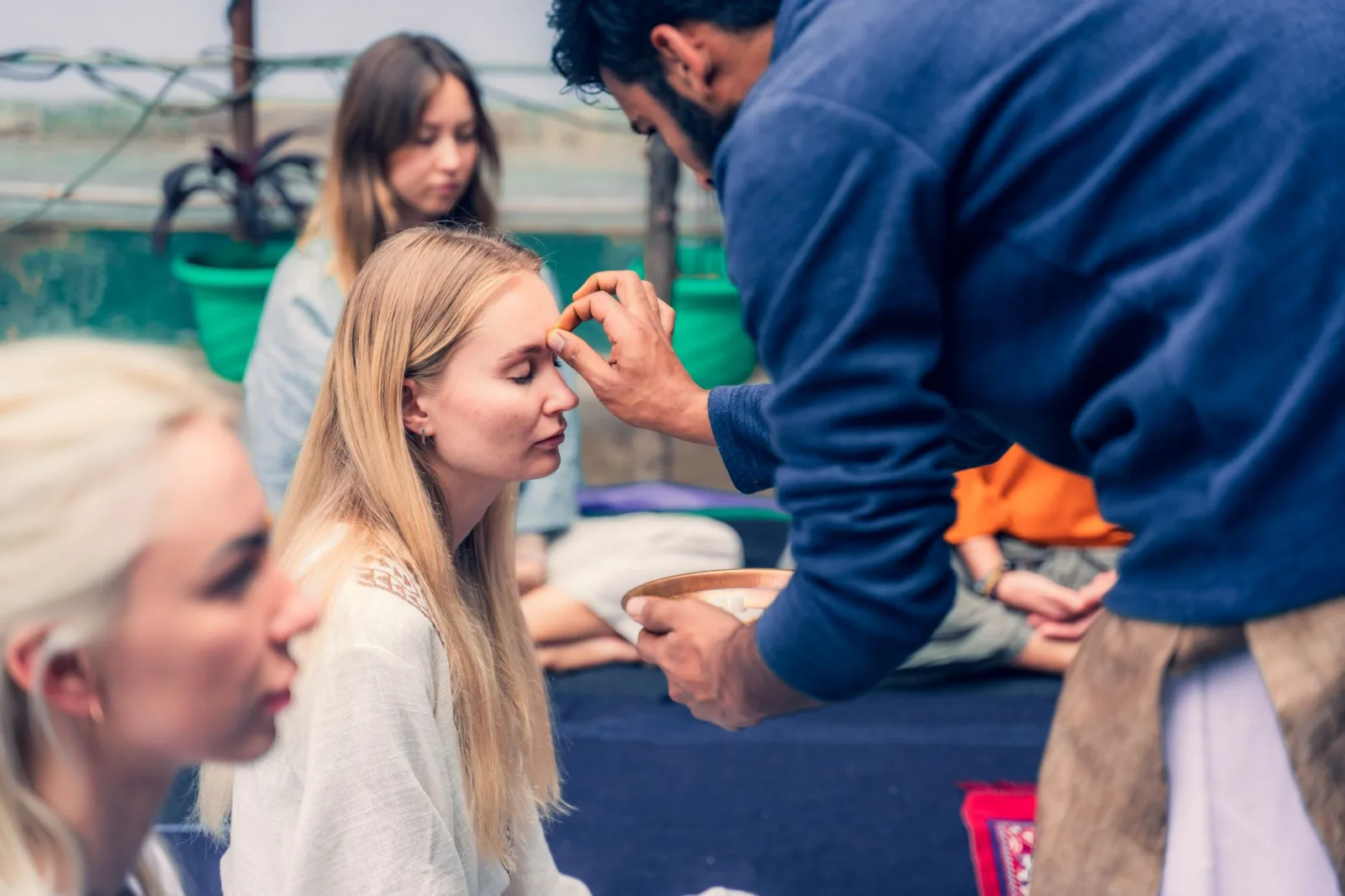 Group meditation and spiritual practice scene with focus on shared rituals and mindfulness.