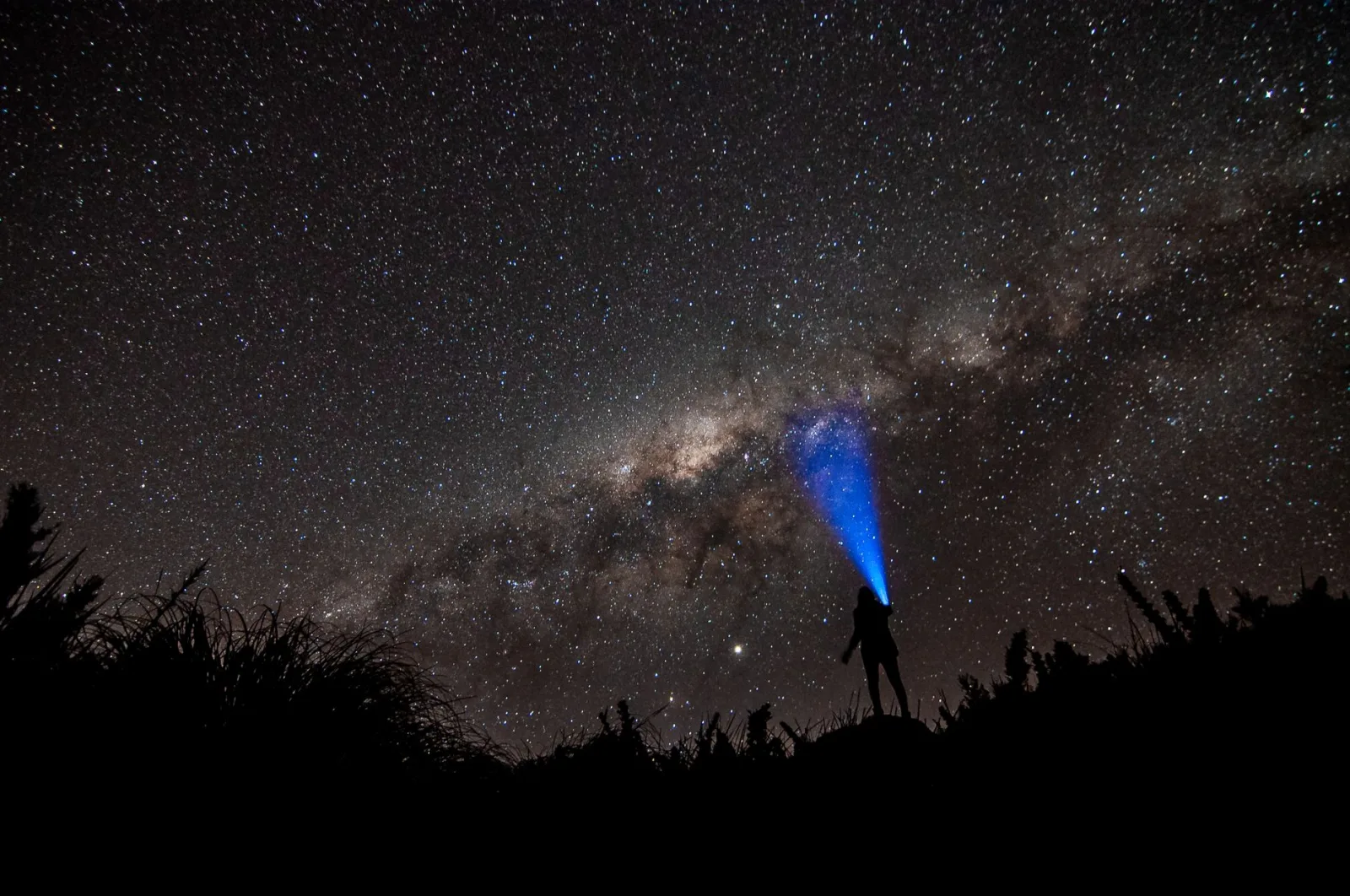 Person with flashlight under the starlit sky of the Milky Way galaxy at night.