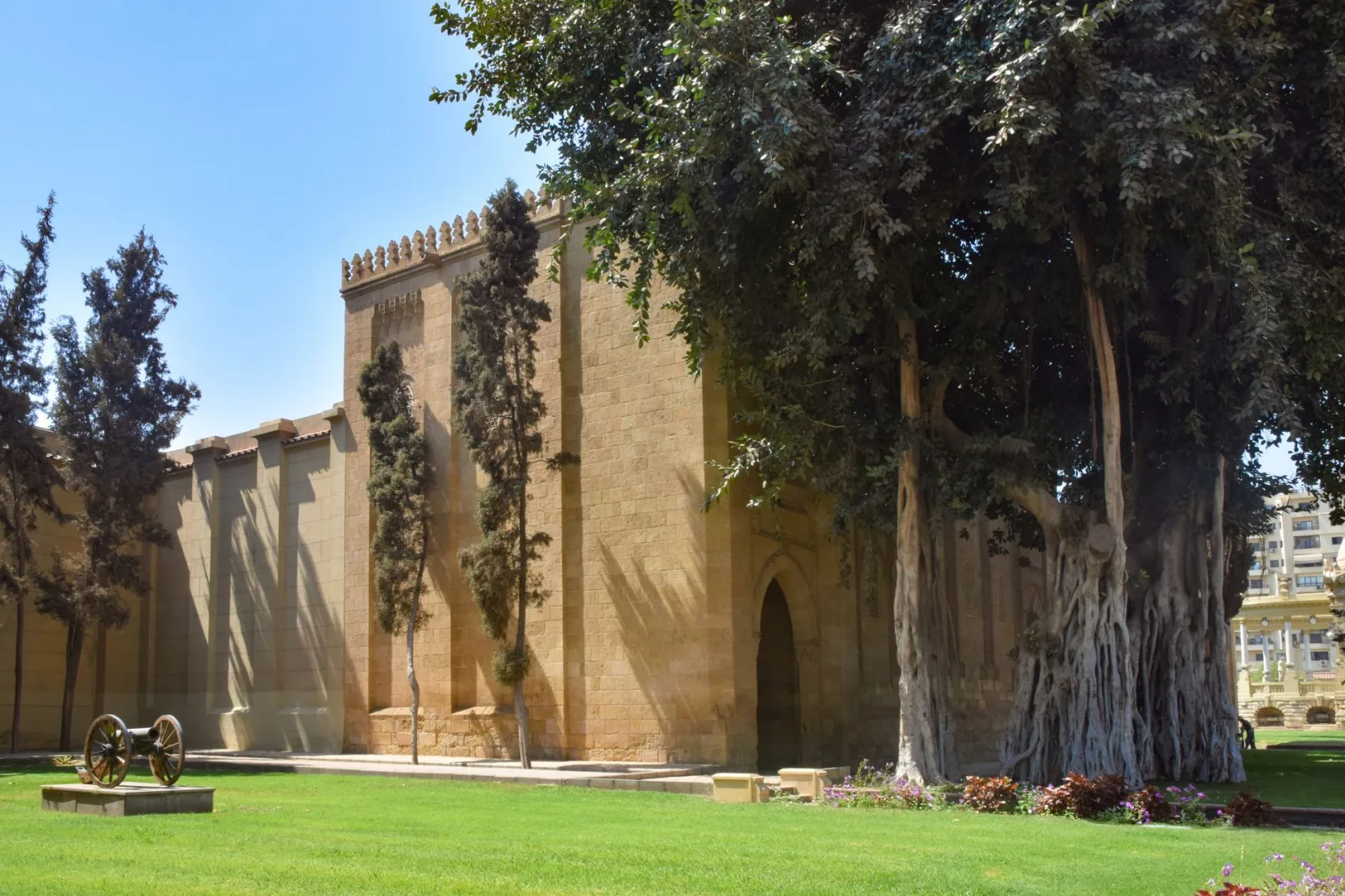 A beautiful view of ancient trees and a heritage palace in Cairo, showcasing architectural history and cultural heritage.