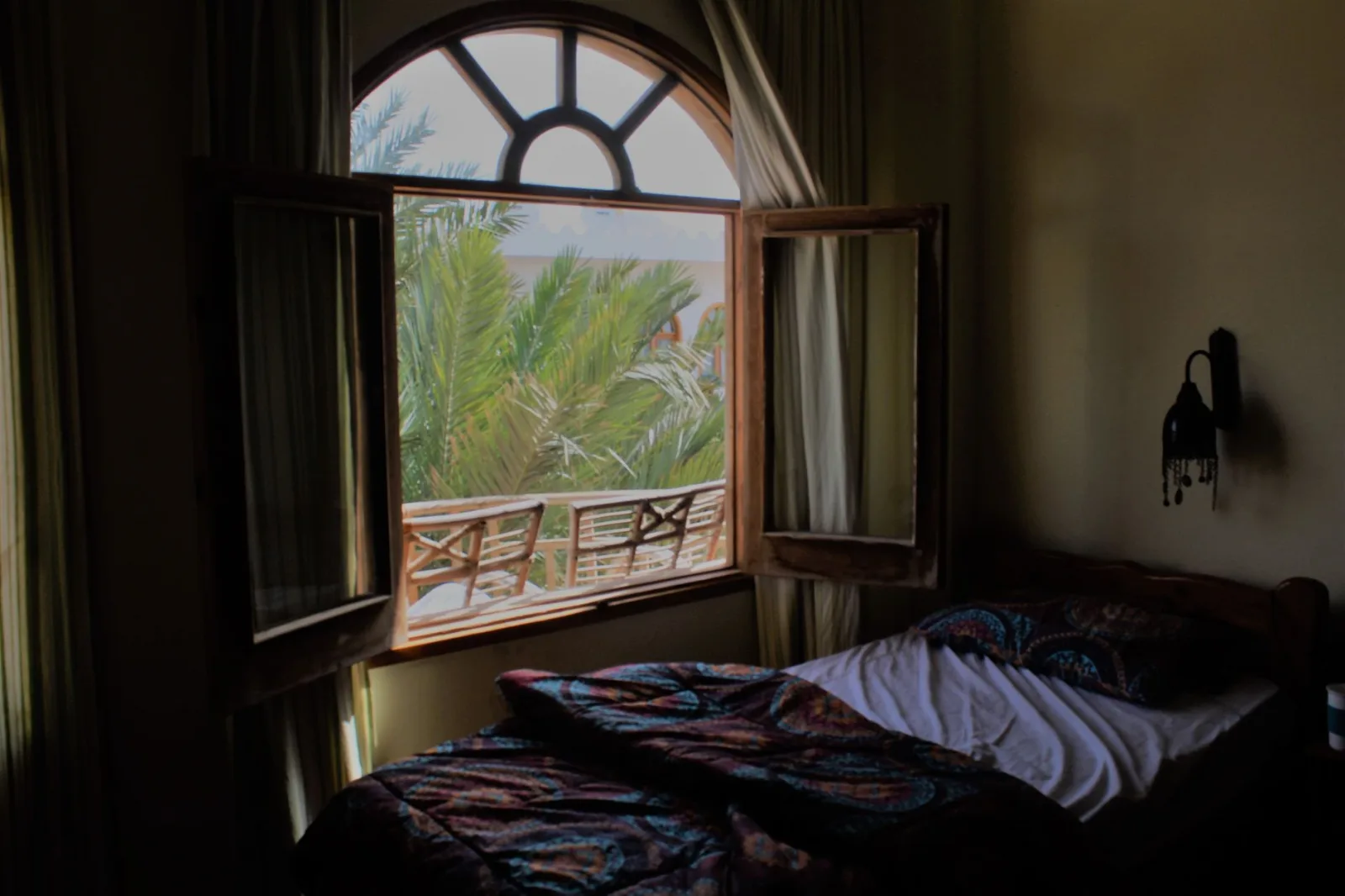 Inviting bedroom with open window and palm tree view in Giza, Egypt.