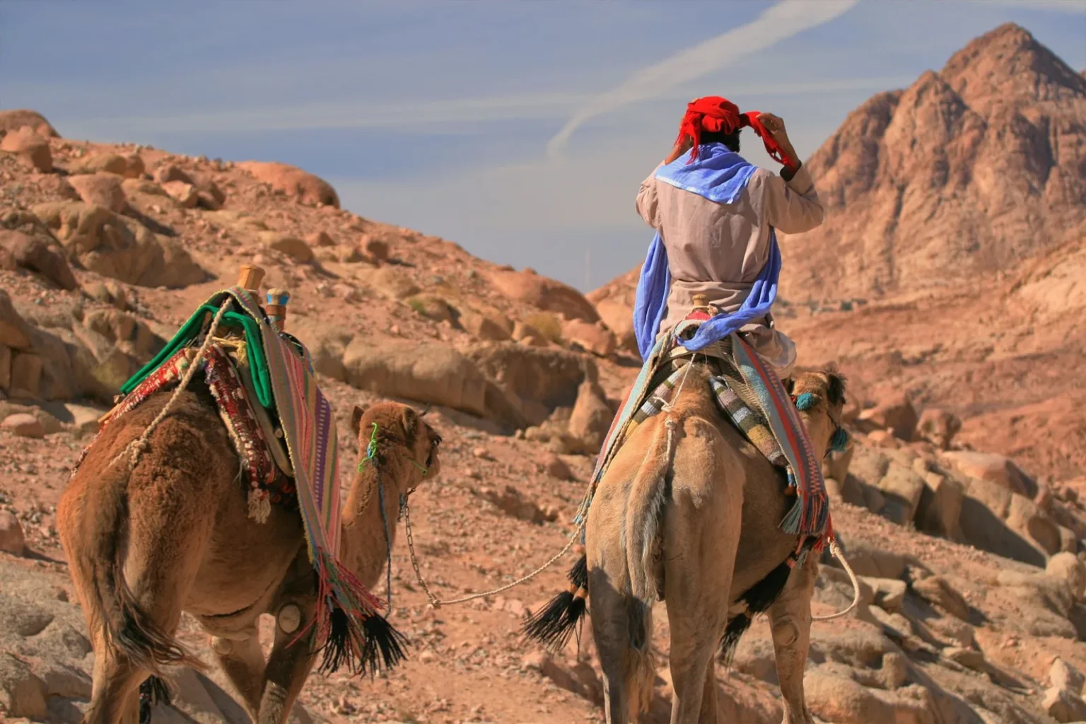 A person in traditional attire rides camels through a rocky desert landscape.