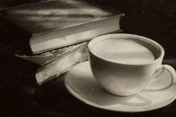 A vintage-style black-and-white image of a coffee cup with books, exuding a classic and timeless ambiance.