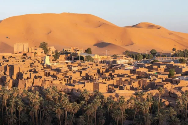 A scenic view of Béchar town in Algeria with desert dunes and palm trees under a clear sky.