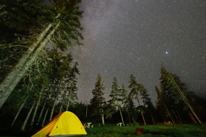 A serene camping scene under a star-filled sky in a forest in Nova Scotia.