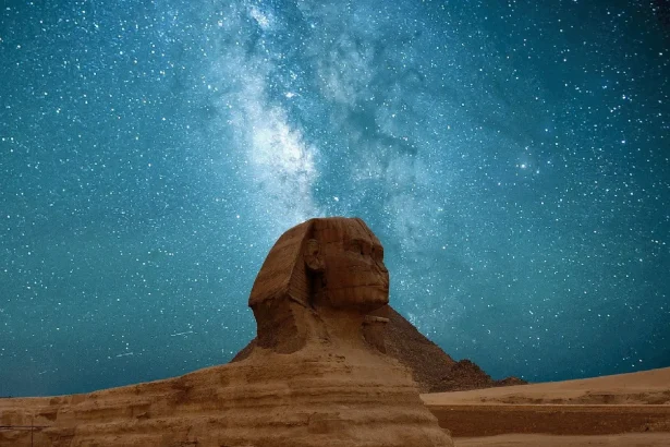 The Great Sphinx of Giza beneath a captivating Milky Way night sky.