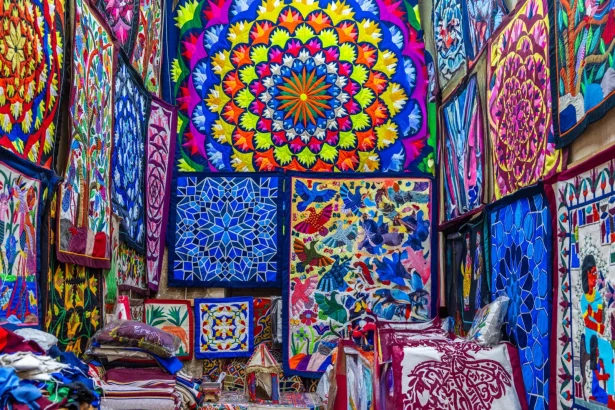 Colorful textile patterns inside a Cairo market, showcasing traditional Egyptian designs.