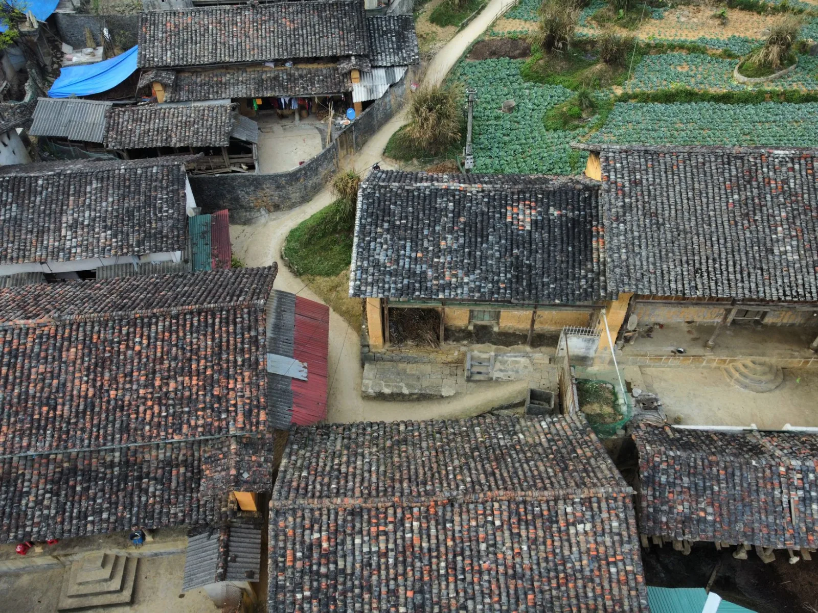 Aerial shot of a rustic village with traditional tiled roofs surrounded by farmland and pathways.
