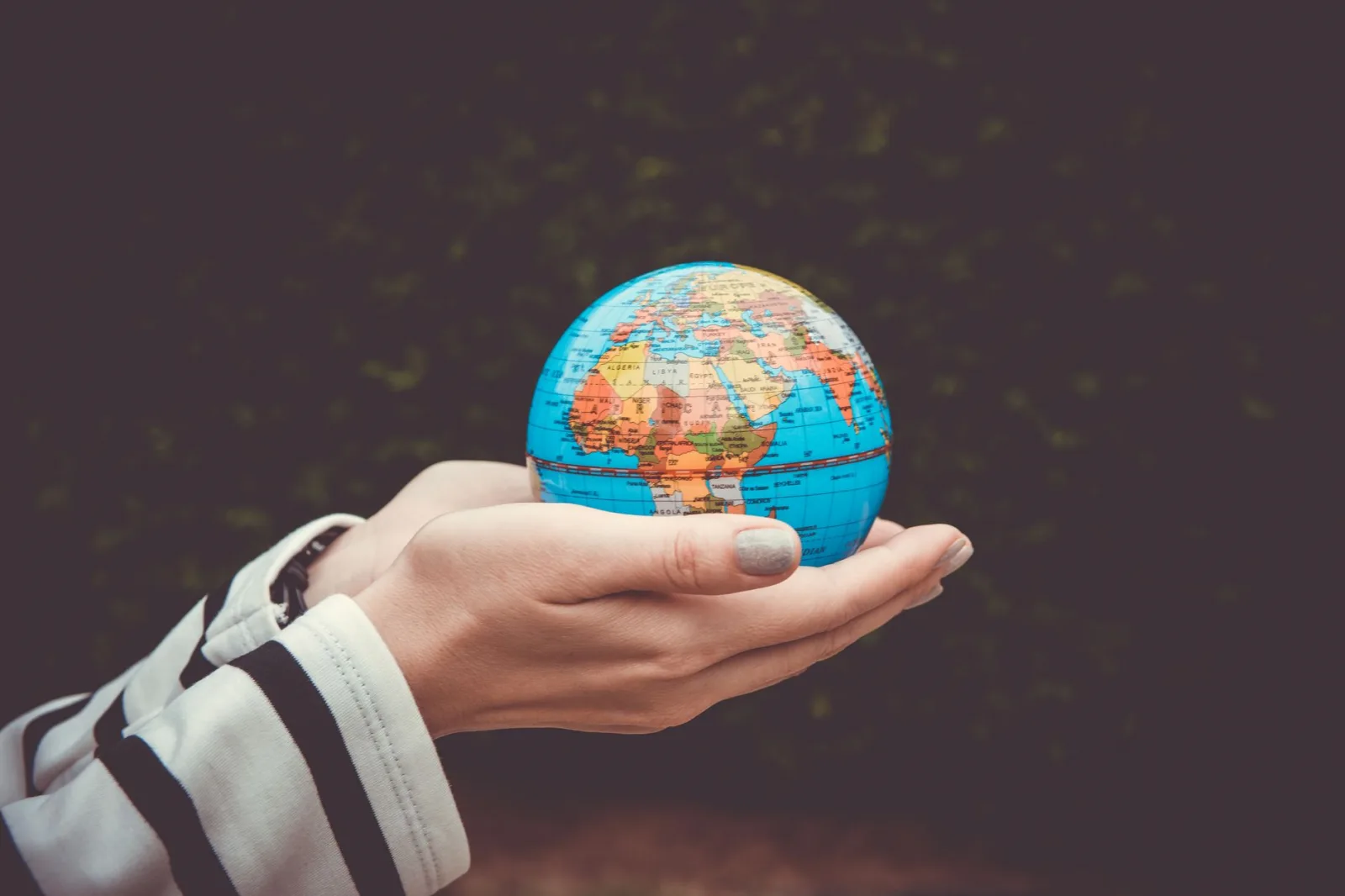 Person holding a small globe in hands, showcasing Earth. Ideal for global concepts or travel themes.