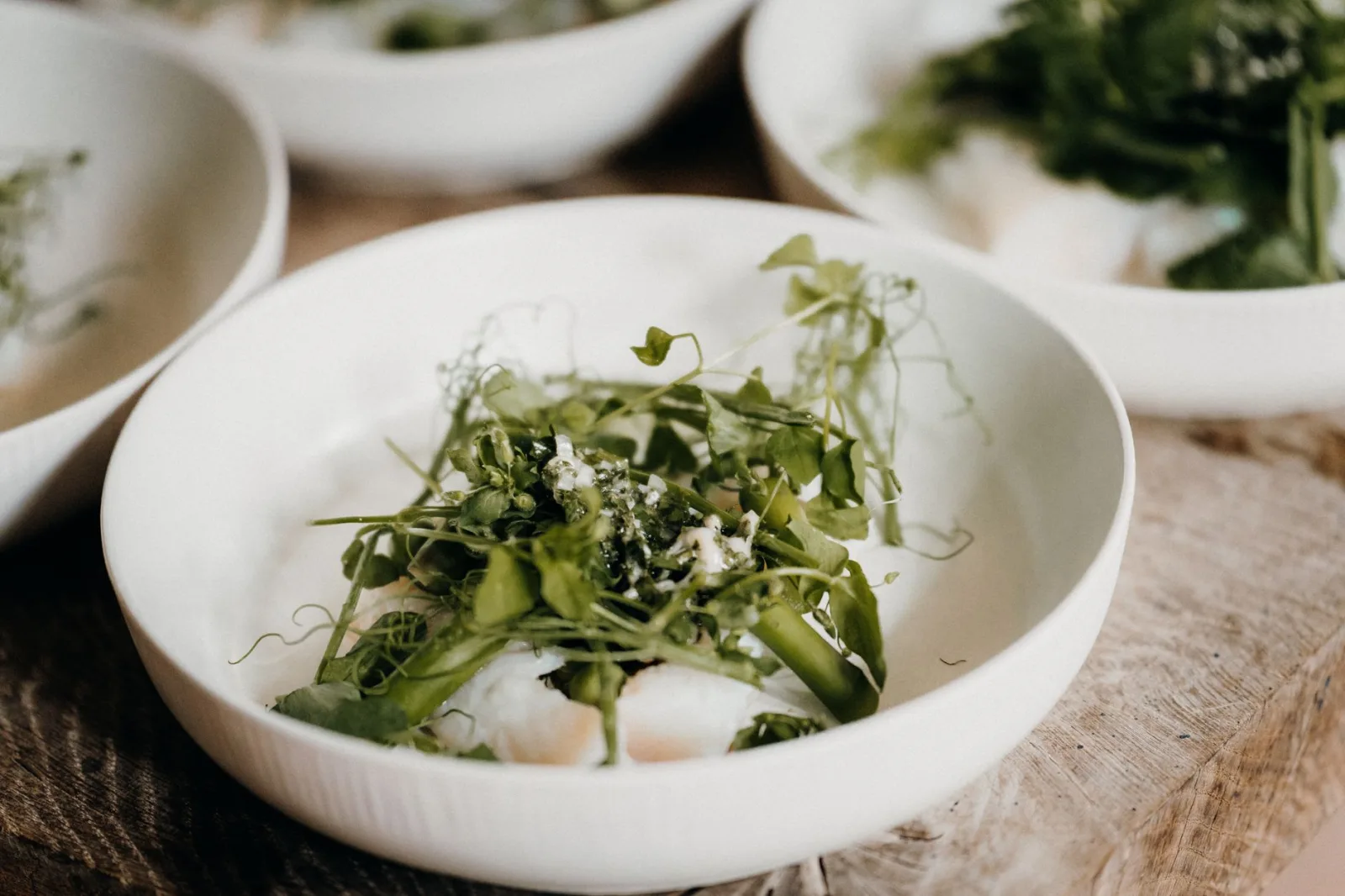 Delicious close-up of a fresh herb salad with asparagus in a white bowl, ideal for culinary blogs.