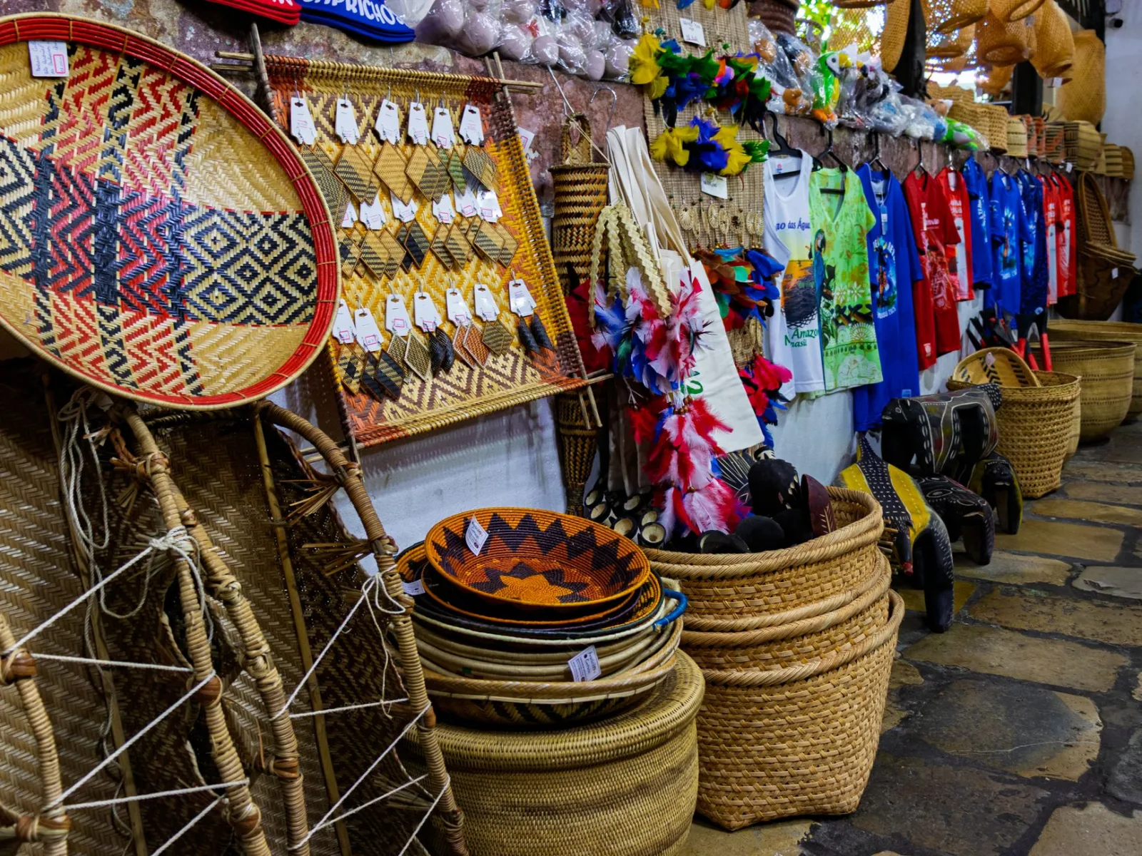 Vibrant display of handmade crafts at a market in Amazonas, Brazil.