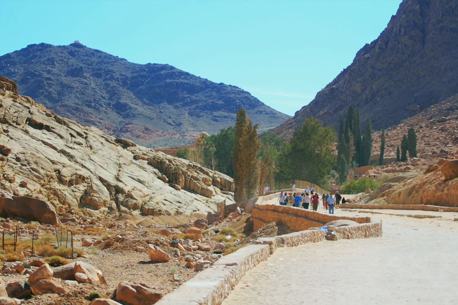 A group of hikers exploring a scenic mountain path in a sunny desert environment.