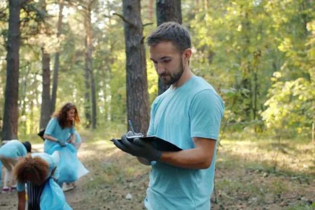 Volunteers picking up litter in a forest, promoting environmental conservation.