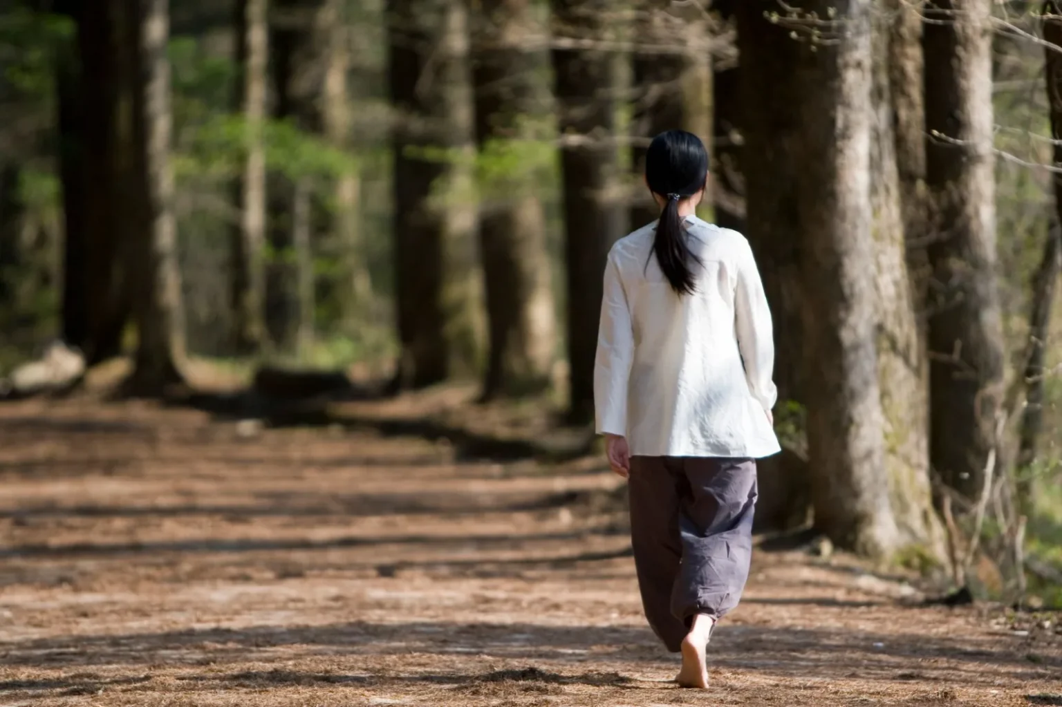 A woman walks barefoot along a peaceful forest path under sunlight, reflecting tranquility.