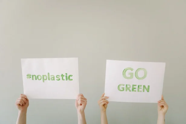 Hands holding eco-friendly signs advocating 'No Plastic' and 'Go Green'. Environmental awareness concept.