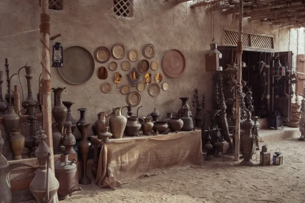 Rustic pottery shop with Middle Eastern artifacts and decor in a dimly lit indoor setting.