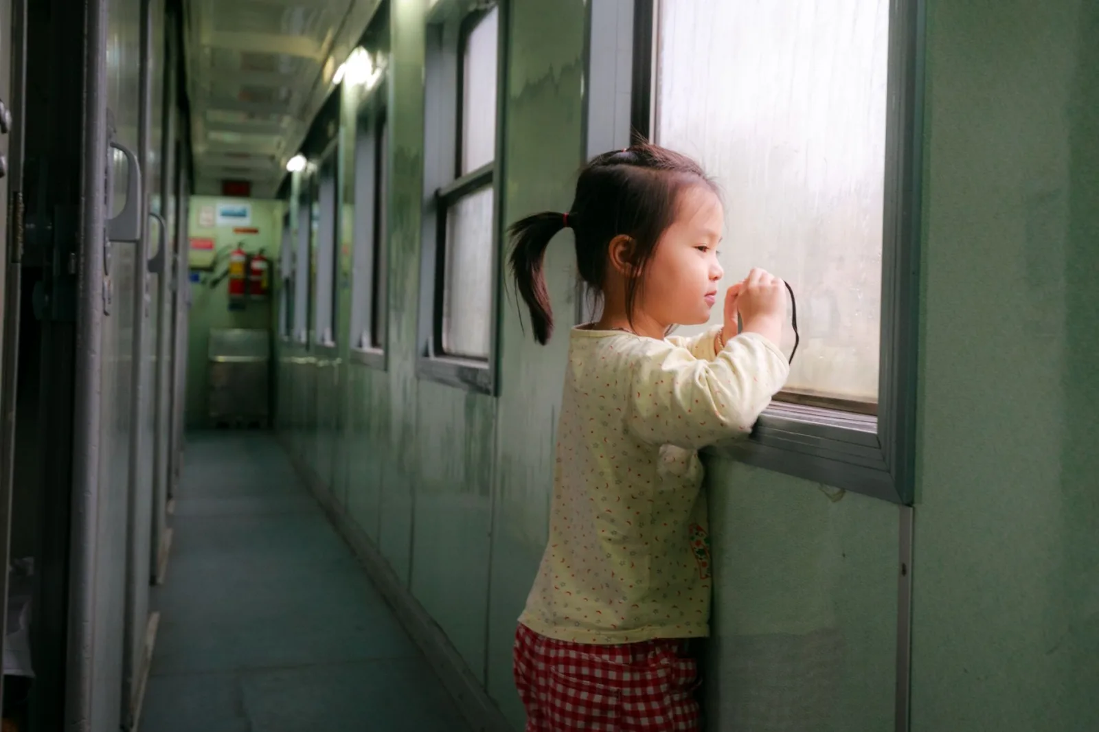 A young girl stands by a train window, looking out thoughtfully while traveling.