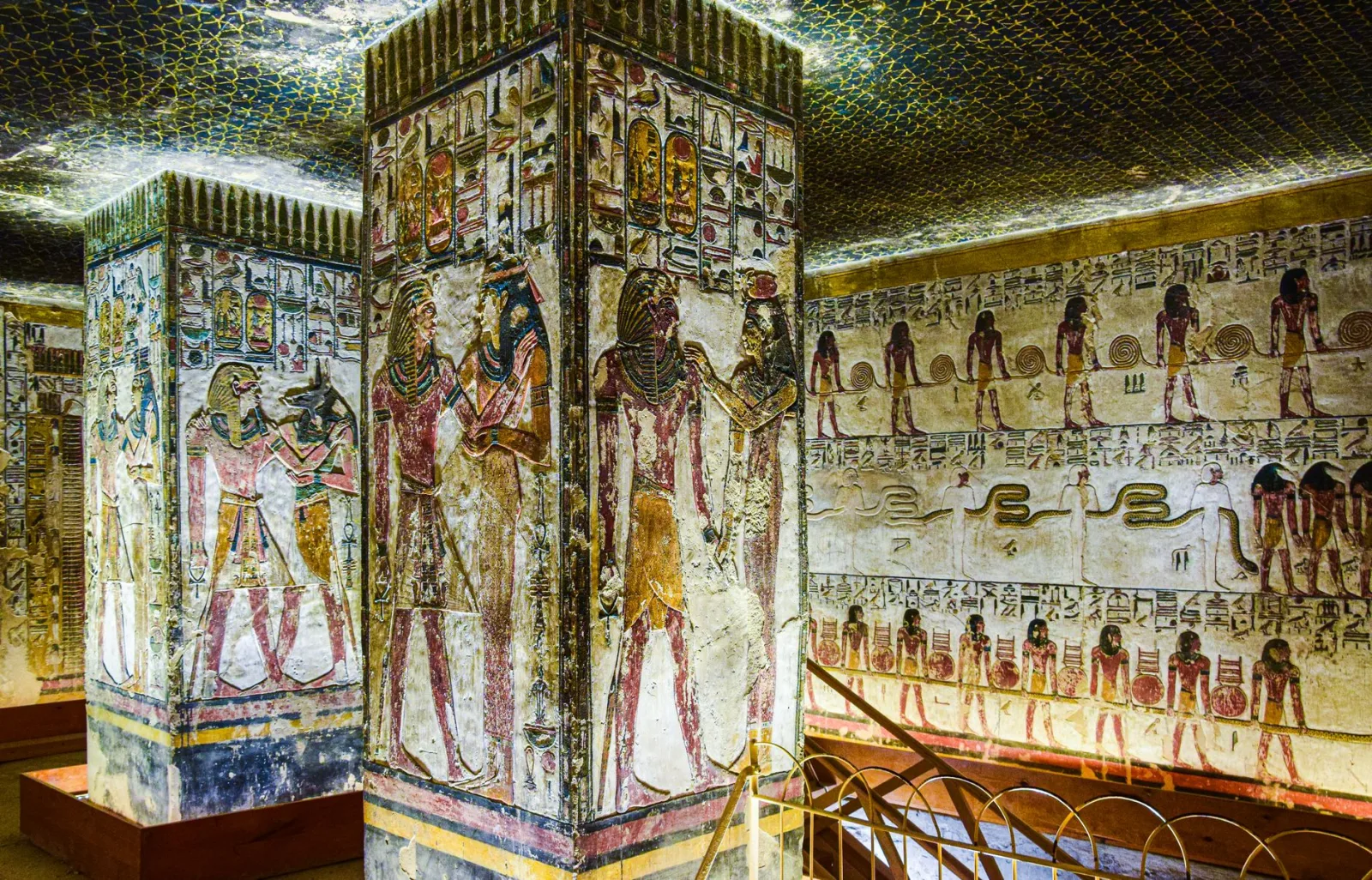 Explore the stunning carvings and hieroglyphs of an ancient Egyptian tomb interior.