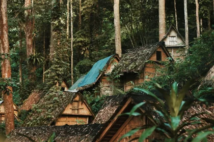 Rustic bamboo huts nestled in lush Banten rainforest, showcasing traditional Indonesian architecture.