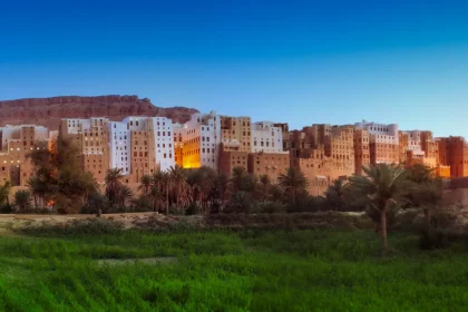 Breathtaking sunset over Shibam's historic mudbrick architecture, Yemen's 'Manhattan of the Desert.'