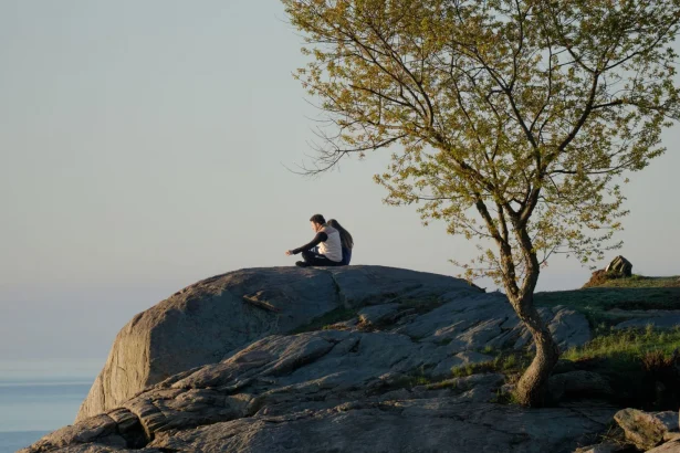 A serene scene of a couple sitting on a rock at dawn in Cove Island Park, Stamford, Connecticut.