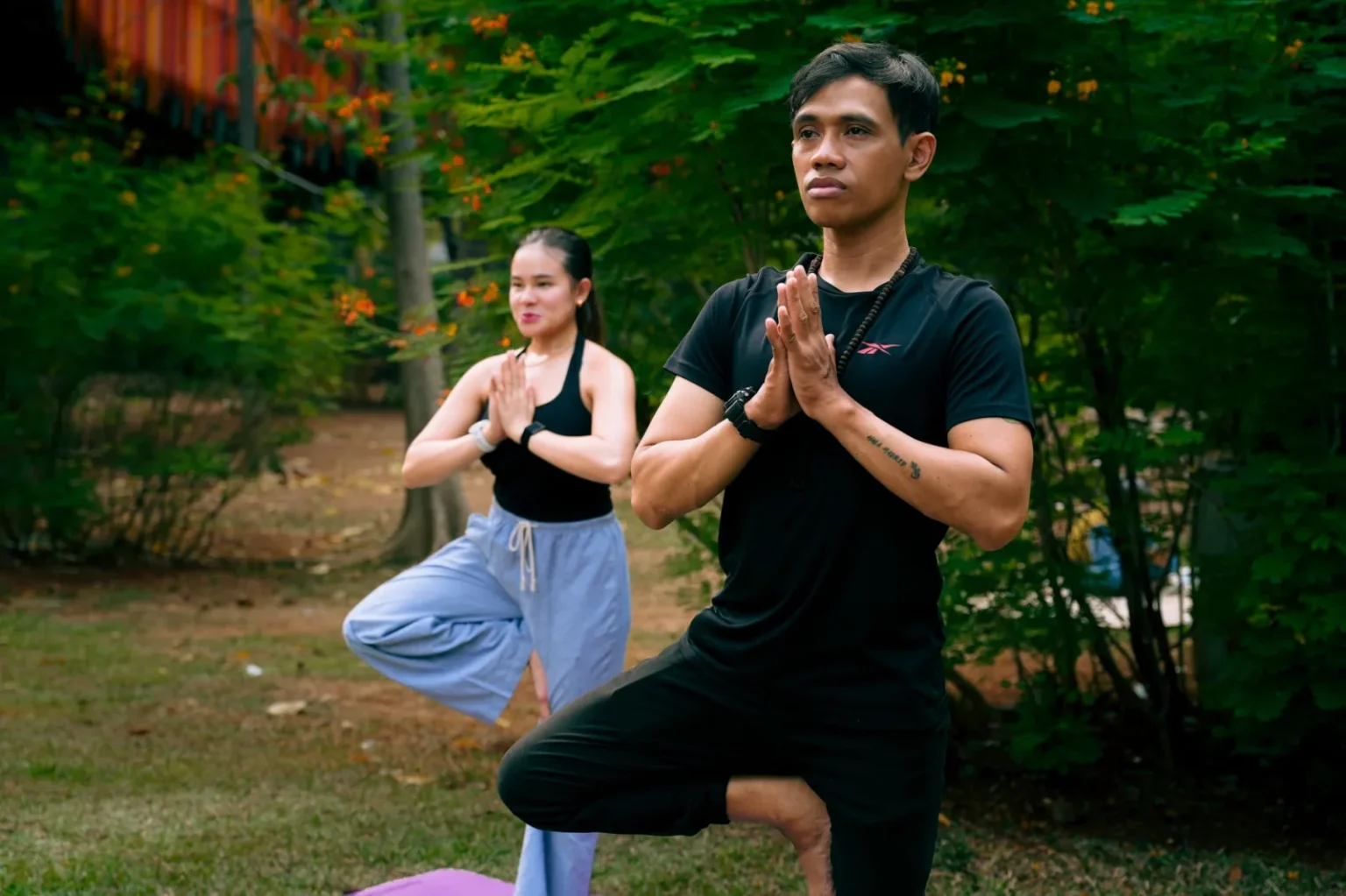Two adults practicing yoga outdoors in a serene park setting, demonstrating balance and tranquility.