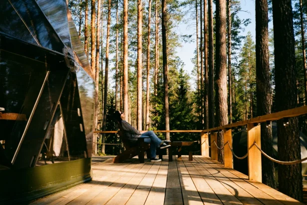 A person relaxes on a wooden deck amidst tall pine trees next to a glass dome.