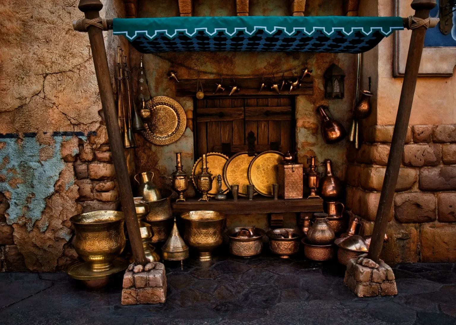 Charming Arabian-style marketplace with brassware in Tokyo's DisneySea.