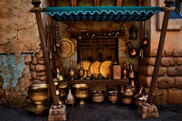 Charming Arabian-style marketplace with brassware in Tokyo's DisneySea.
